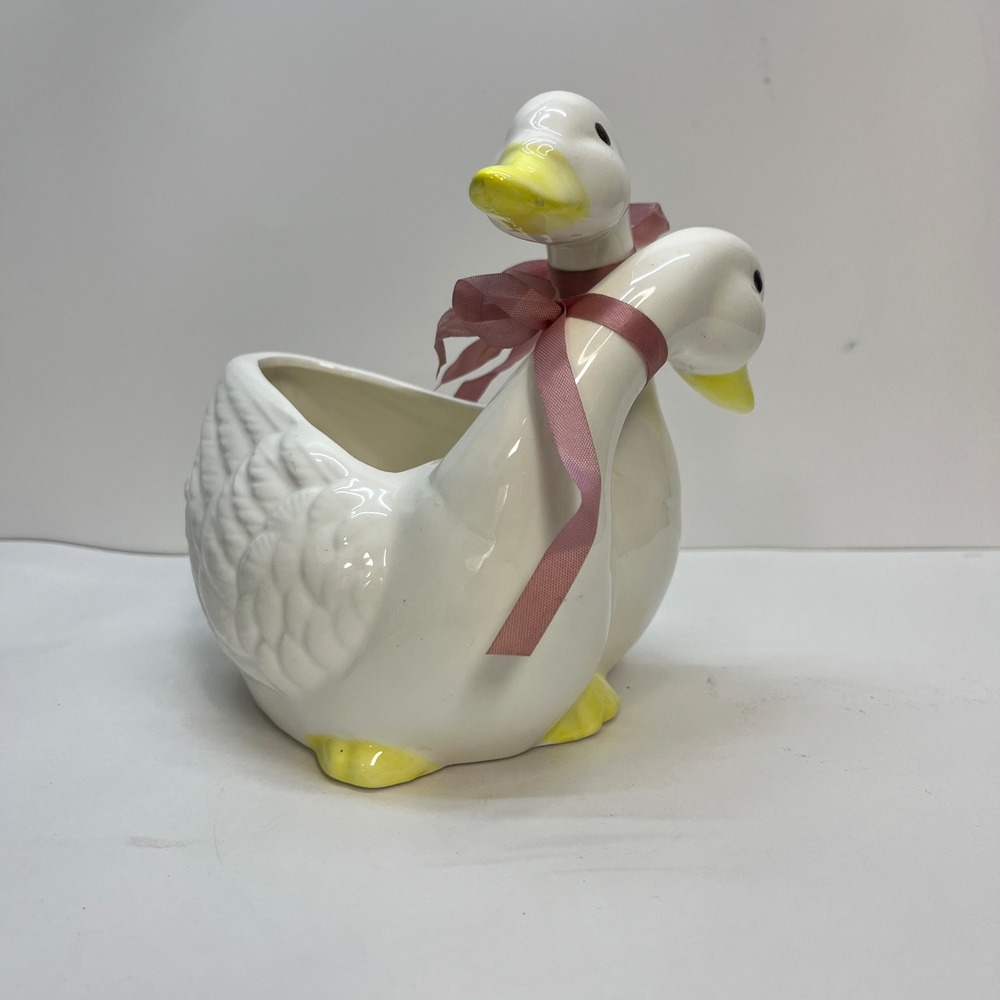 Vintage Darice Ceramic Double Duck Goose Planter White Pink‎ Ribbon Cottagecore